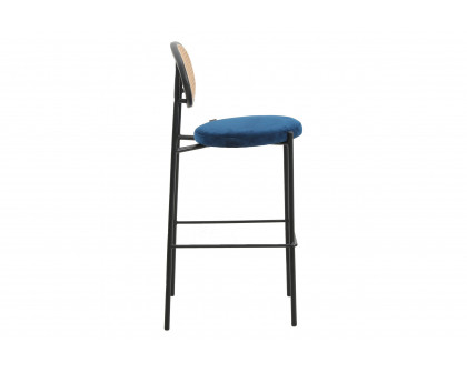 LeisureMod Euston Mid-Century Modern Wicker Bar Stool with Black Powder Coated Steel Frame and Footrest - Navy Blue