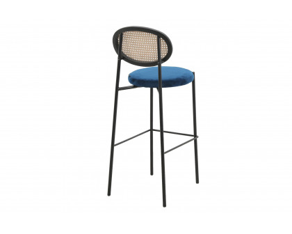 LeisureMod Euston Mid-Century Modern Wicker Bar Stool with Black Powder Coated Steel Frame and Footrest - Navy Blue