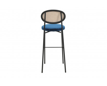 LeisureMod Euston Mid-Century Modern Wicker Bar Stool with Black Powder Coated Steel Frame and Footrest - Navy Blue