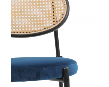 LeisureMod Euston Mid-Century Modern Wicker Bar Stool with Black Powder Coated Steel Frame and Footrest - Navy Blue