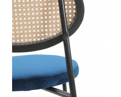 LeisureMod Euston Mid-Century Modern Wicker Bar Stool with Black Powder Coated Steel Frame and Footrest - Navy Blue