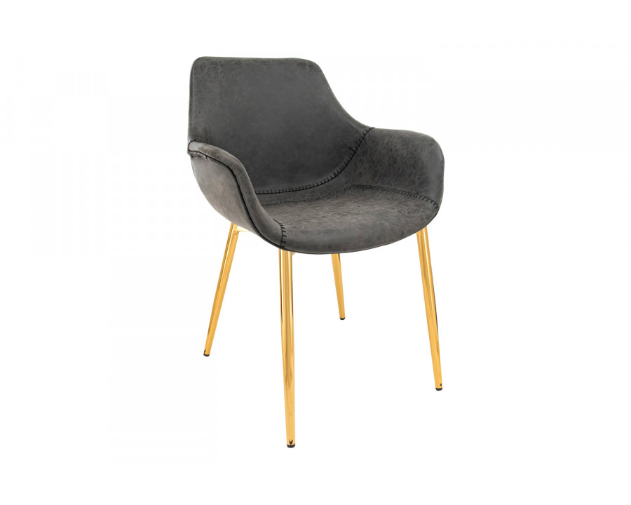 LeisureMod Markley Modern Leather Dining Arm Chair with Gold Metal Legs - Charcoal/Black