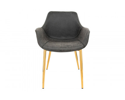 LeisureMod Markley Modern Leather Dining Arm Chair with Gold Metal Legs - Charcoal/Black