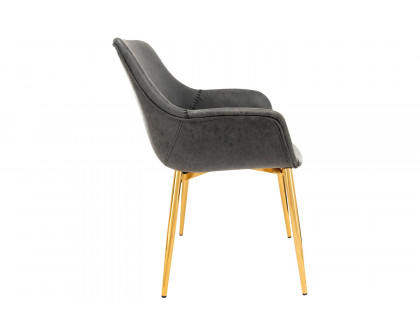 LeisureMod Markley Modern Leather Dining Arm Chair with Gold Metal Legs - Charcoal/Black