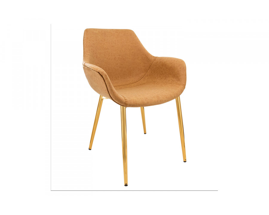 LeisureMod Markley Modern Leather Dining Arm Chair with Gold Metal Legs - Light Brown