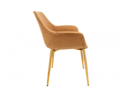 LeisureMod Markley Modern Leather Dining Arm Chair with Gold Metal Legs - Light Brown