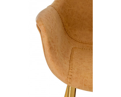 LeisureMod Markley Modern Leather Dining Arm Chair with Gold Metal Legs - Light Brown