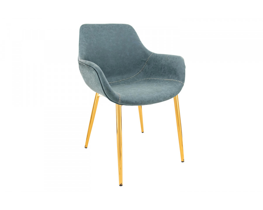 LeisureMod Markley Modern Leather Dining Arm Chair with Gold Metal Legs - Peacock/Blue