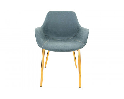 LeisureMod Markley Modern Leather Dining Arm Chair with Gold Metal Legs - Peacock/Blue