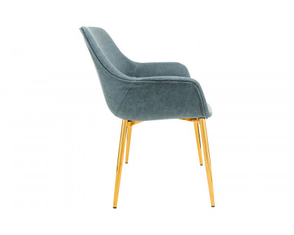 LeisureMod Markley Modern Leather Dining Arm Chair with Gold Metal Legs - Peacock/Blue