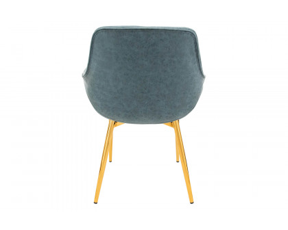 LeisureMod Markley Modern Leather Dining Arm Chair with Gold Metal Legs - Peacock/Blue