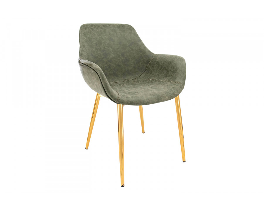 LeisureMod Markley Modern Leather Dining Arm Chair with Gold Metal Legs - Olive Green