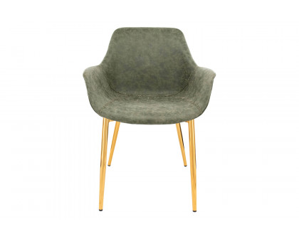 LeisureMod Markley Modern Leather Dining Arm Chair with Gold Metal Legs - Olive Green