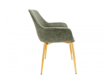 LeisureMod Markley Modern Leather Dining Arm Chair with Gold Metal Legs - Olive Green