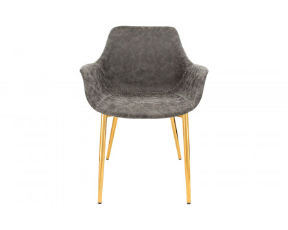 LeisureMod Markley Modern Leather Dining Arm Chair with Gold Metal Legs - Gray