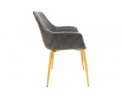 LeisureMod Markley Modern Leather Dining Arm Chair with Gold Metal Legs - Gray