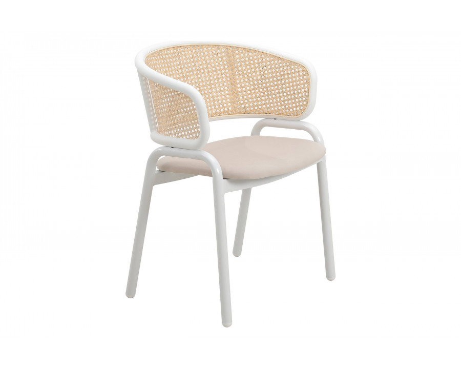 LeisureMod Ervilla Modern Dining Armchair with White Powder Coated Steel Legs and Wicker Back