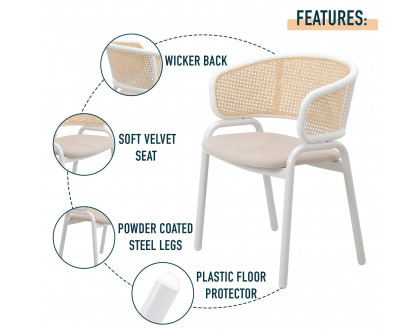 LeisureMod Ervilla Modern Dining Armchair with White Powder Coated Steel Legs and Wicker Back