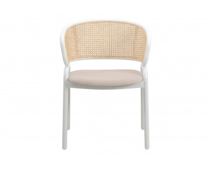 LeisureMod Ervilla Modern Dining Armchair with White Powder Coated Steel Legs and Wicker Back - Beige