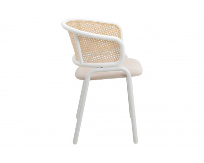 LeisureMod Ervilla Modern Dining Armchair with White Powder Coated Steel Legs and Wicker Back - Beige