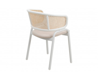 LeisureMod Ervilla Modern Dining Armchair with White Powder Coated Steel Legs and Wicker Back - Beige