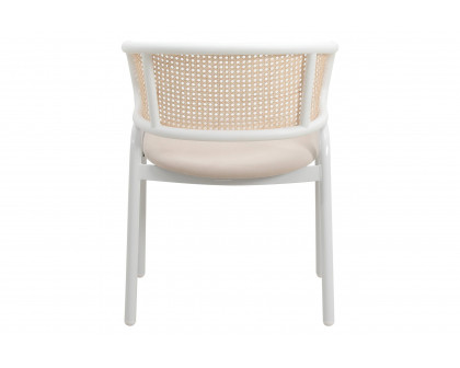 LeisureMod Ervilla Modern Dining Armchair with White Powder Coated Steel Legs and Wicker Back - Beige