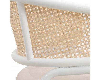 LeisureMod Ervilla Modern Dining Armchair with White Powder Coated Steel Legs and Wicker Back - Beige