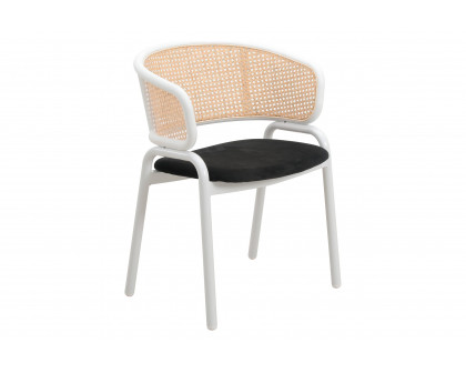 LeisureMod Ervilla Modern Dining Armchair with White Powder Coated Steel Legs and Wicker Back