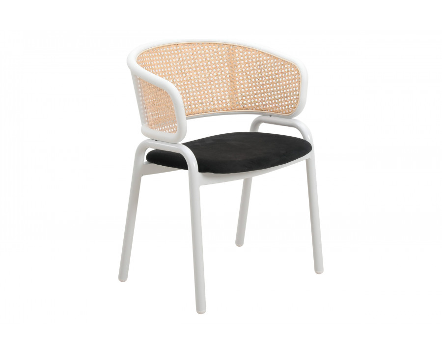 LeisureMod Ervilla Modern Dining Armchair with White Powder Coated Steel Legs and Wicker Back - Black