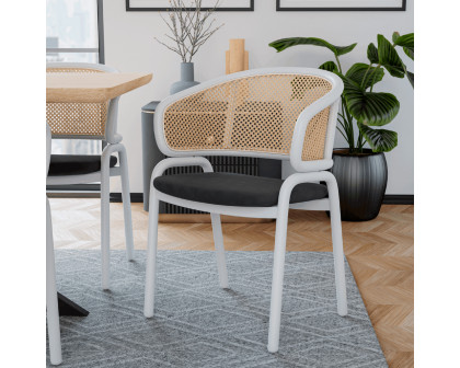 LeisureMod Ervilla Modern Dining Armchair with White Powder Coated Steel Legs and Wicker Back - Black