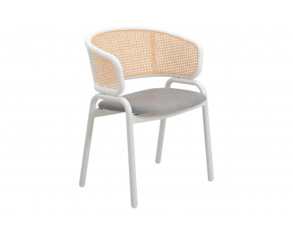 LeisureMod Ervilla Modern Dining Armchair with White Powder Coated Steel Legs and Wicker Back