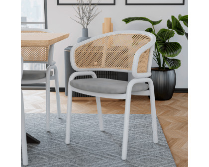 LeisureMod Ervilla Modern Dining Armchair with White Powder Coated Steel Legs and Wicker Back - Gray