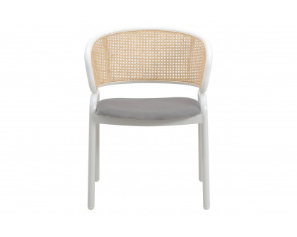 LeisureMod Ervilla Modern Dining Armchair with White Powder Coated Steel Legs and Wicker Back - Gray