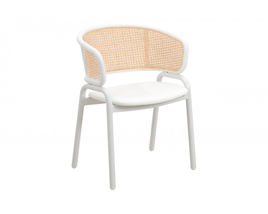 LeisureMod Ervilla Modern Dining Armchair with White Powder Coated Steel Legs and Wicker Back - White