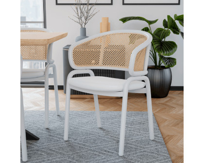 LeisureMod Ervilla Modern Dining Armchair with White Powder Coated Steel Legs and Wicker Back - White