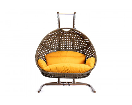 LeisureMod Wicker Hanging Double Egg Beige Swing Chair