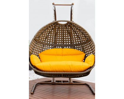 LeisureMod Wicker Hanging Double Egg Beige Swing Chair - Amber