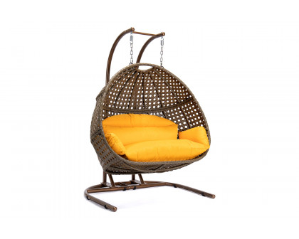 LeisureMod Wicker Hanging Double Egg Beige Swing Chair - Amber