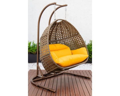 LeisureMod Wicker Hanging Double Egg Beige Swing Chair - Amber