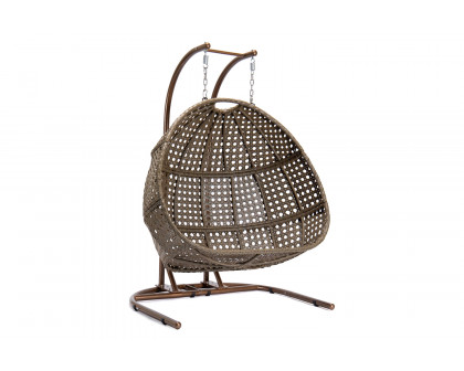 LeisureMod Wicker Hanging Double Egg Beige Swing Chair - Amber