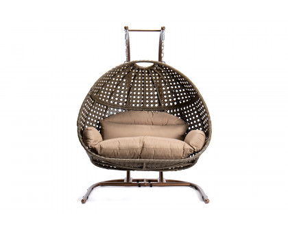 LeisureMod Wicker Hanging Double Egg Beige Swing Chair