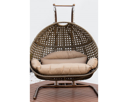 LeisureMod Wicker Hanging Double Egg Beige Swing Chair - Brown