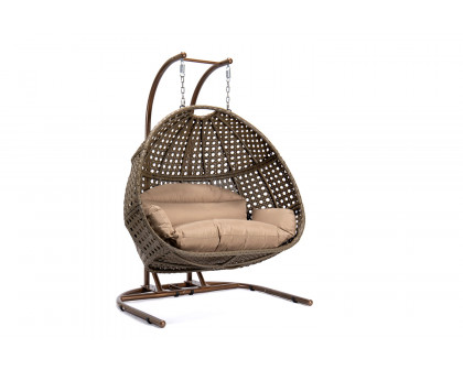 LeisureMod Wicker Hanging Double Egg Beige Swing Chair - Brown