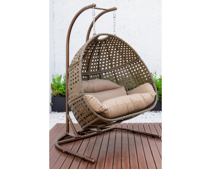 LeisureMod Wicker Hanging Double Egg Beige Swing Chair - Brown