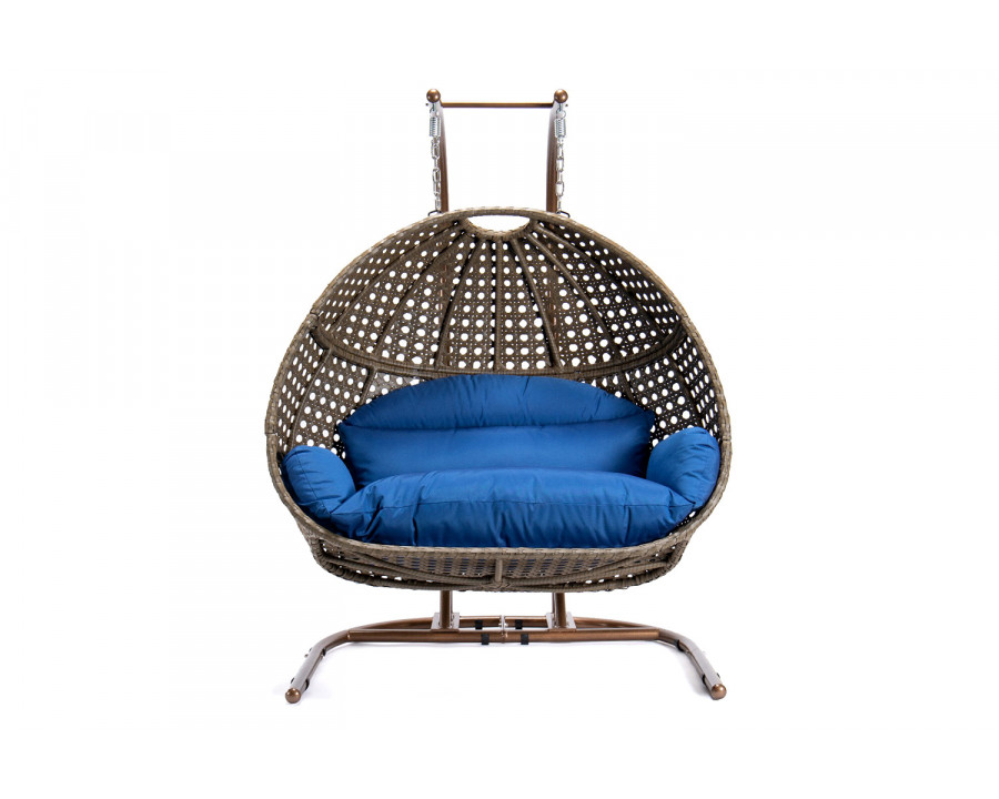 LeisureMod Wicker Hanging Double Egg Beige Swing Chair - Blue