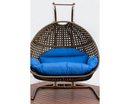 LeisureMod Wicker Hanging Double Egg Beige Swing Chair - Blue