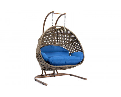 LeisureMod Wicker Hanging Double Egg Beige Swing Chair - Blue