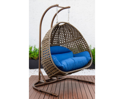 LeisureMod Wicker Hanging Double Egg Beige Swing Chair - Blue