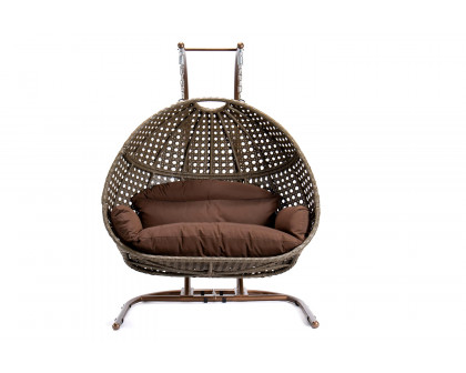 LeisureMod Wicker Hanging Double Egg Beige Swing Chair