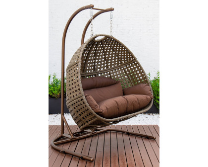 LeisureMod Wicker Hanging Double Egg Beige Swing Chair - Dark Brown